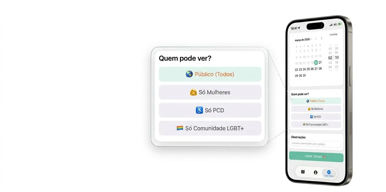 Tela do app mostrando opções de visibilidade do treino: Público, Só Mulheres, Só PCD e Só Comunidade LGBT+.