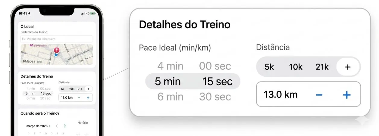 Tela do app mostrando os detalhes do treino, com seletor de Pace (5 min 15 sec) e Distância (13.0 km).